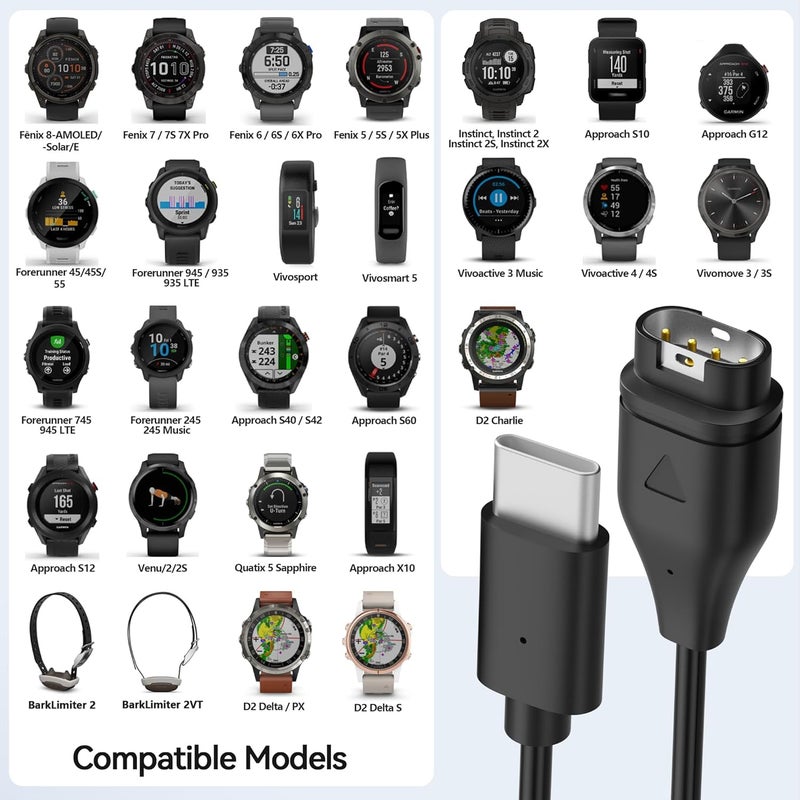 AWINNER Compatible with Garmin Watch Charger, USB-C Cable, 3ft, 2-Pack, Black - Image 2